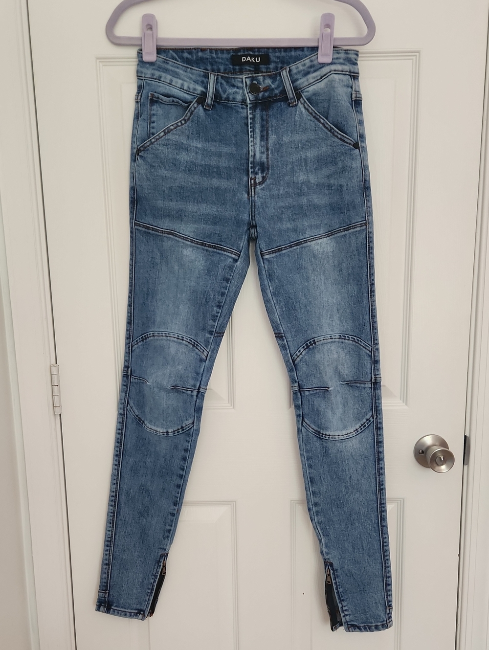 Streetwear Biker Denim Daku Women's Skinny Moto Acid Wash  Jeans With Ankle Zips